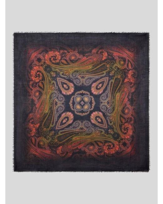 Etro Blue Wool, Cashmere And Silk Shawl With Degradé Motif
