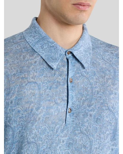 Etro Blue Linen-Blend Polo Shirt With Floral Motif for men