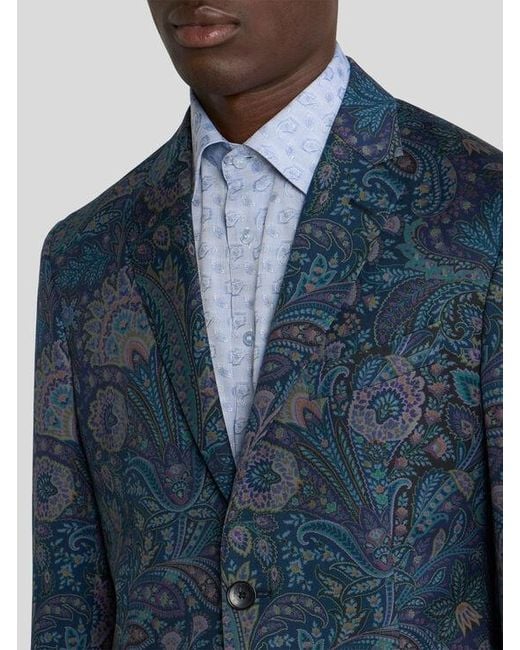 Etro Blue Single-Breasted Wool Jacket With Floral Motif for men