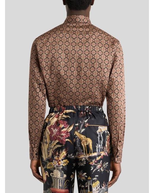 Etro Brown Cotton Satin Shirt With Medallion Motif for men