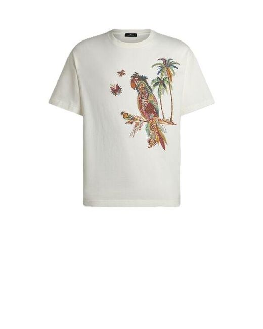 Etro White Cotton Pique T-Shirt With Parrot Print for men