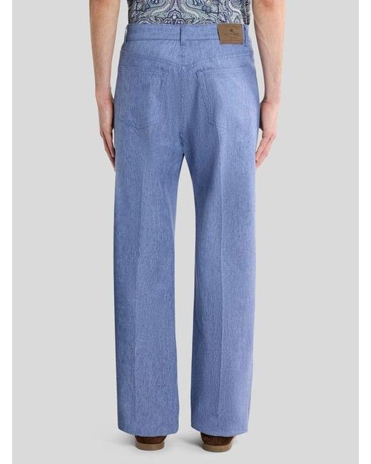 Etro Blue Straight-Leg Linen-Blend Denim Jeans With Pressed Creases for men