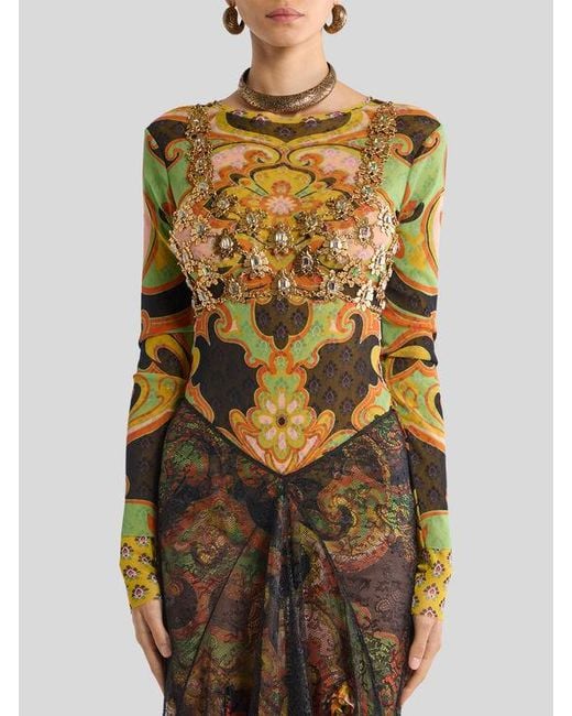 Etro White See-Through Metal Crop Top With Crystals