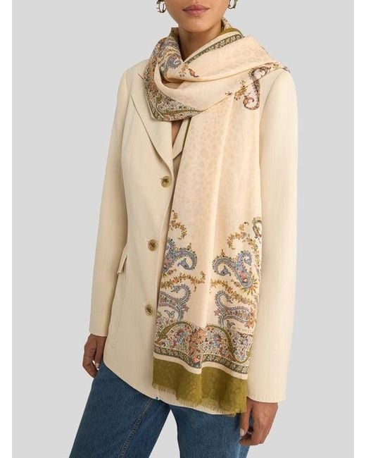 Etro Natural Cotton-Blend Jacquard Scarf With Floral Motif