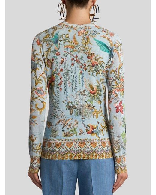Etro Blue Silk And Cashmere Cardigan With Flora And Fauna Motif