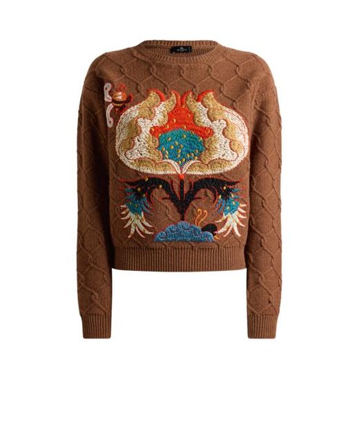 Etro Brown Wool Sweater With Floral Embroidery
