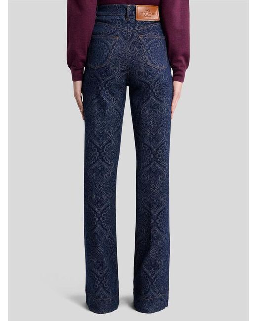 Etro Blue Flared Jacquard Denim Jeans With Pegaso Buttons