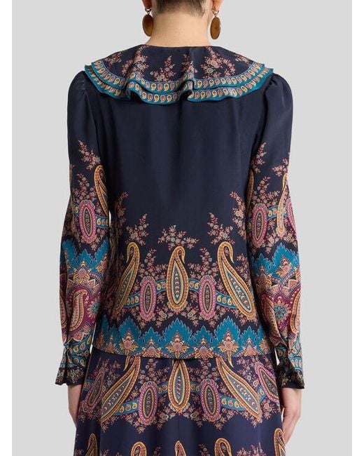 Etro Blue Silk Shirt With Placed Print