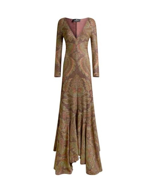 Etro Natural Long Jersey Dress With Floral Motif