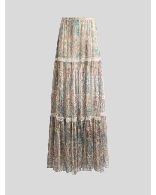 Etro White Silk Crepon Maxi Skirt With Paisley Foliage Motif