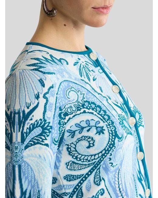 Etro Blue Jacquard Cropped Cardigan With Leafy Paisley Motif