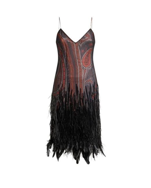 Etro Black Knee-Length Dress With Sequins, Ostrich Feathers And Paisley Motif