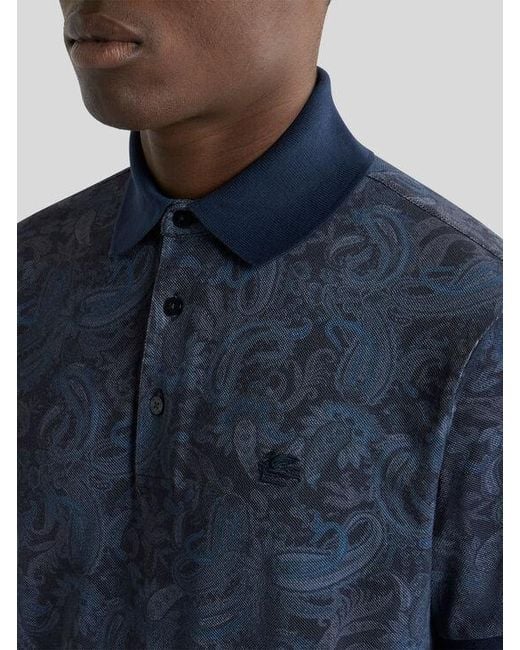 Etro Blue Cotton Pique Polo Shirt With Paisley Motif for men