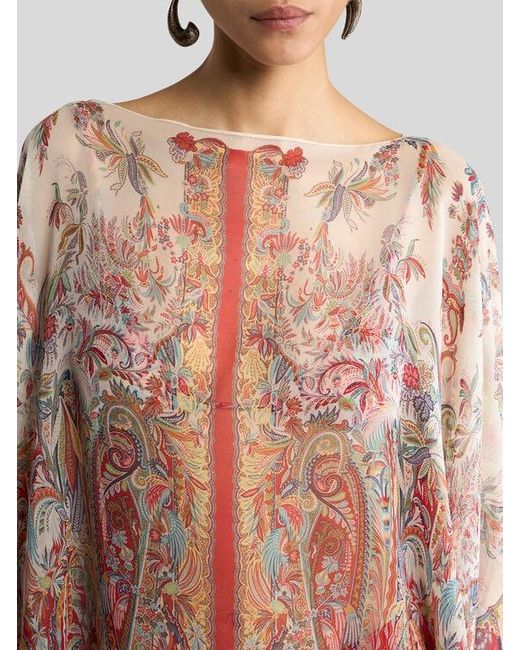 Etro Multicolor Silk Poncho Top With Paisley Foliage Motif