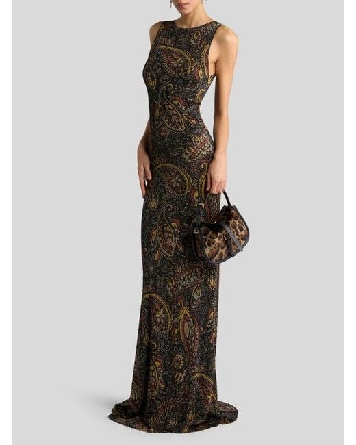 Etro White Ribbed Long Dress With Floral Paisley Motif