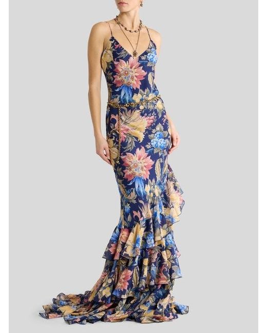 Etro White Long Seersucker Dress With Ruffles And Floral Motif