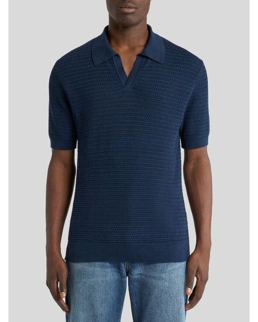 Etro Blue Knit Cotton Polo Shirt With Braided Stitch for men