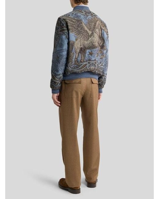 Etro Blue Wool-Blend Jacquard Bomber Jacket With Placed Pegaso Motif for men