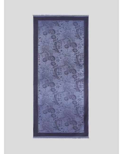 Etro Blue Wool And Silk Jacquard Scarf With Floral Paisley Motif for men