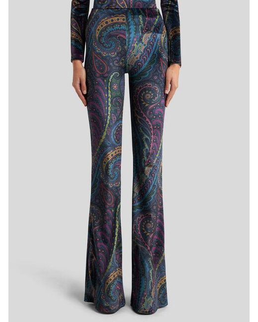 Etro Blue Flared Printed Chenille Trousers