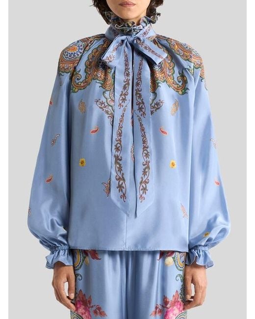 Etro Blue Silk Blouse With Silk Scarf And Placed Floral Paisley Print