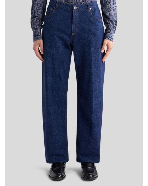 Etro Blue Straight-Leg Jacquard Denim Jeans With Floral Paisley Motif for men