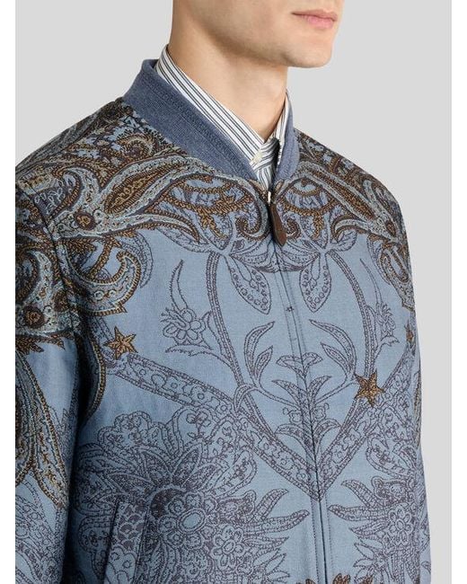 Etro Blue Wool-Blend Jacquard Bomber Jacket With Placed Pegaso Motif for men