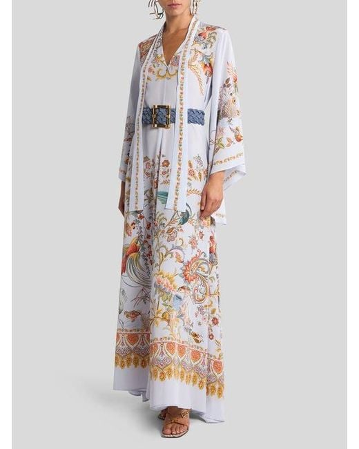 Etro White Long Silk Dress With Silk Scarf And Placed Flora And Fauna Print