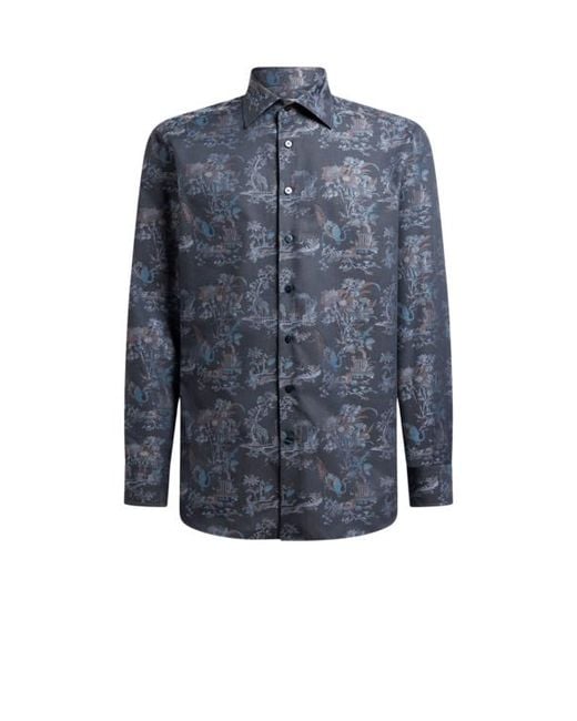 Etro Blue Cotton Jacquard Shirt With Flower And Animal Motif for men