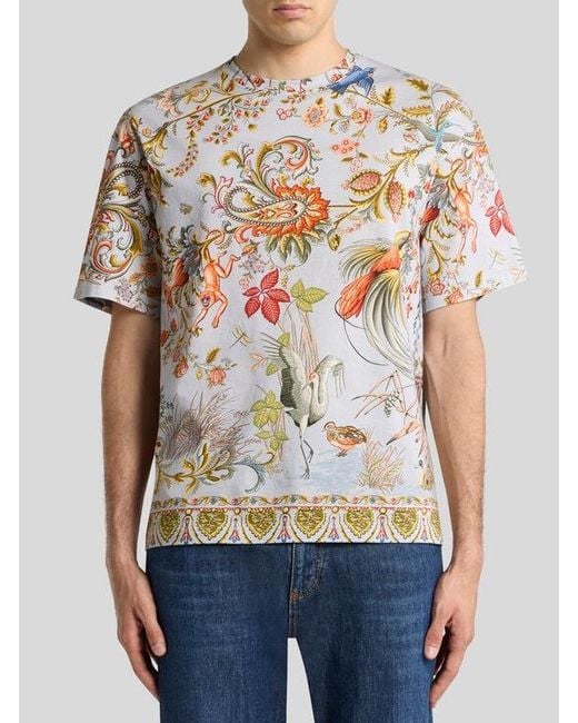 Etro White Cotton T-Shirt With Placed Flora And Fauna Print for men