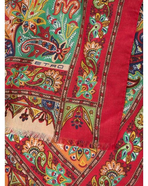 Etro Red Cashmere, Silk And Wool Scarf With Paisley Motif