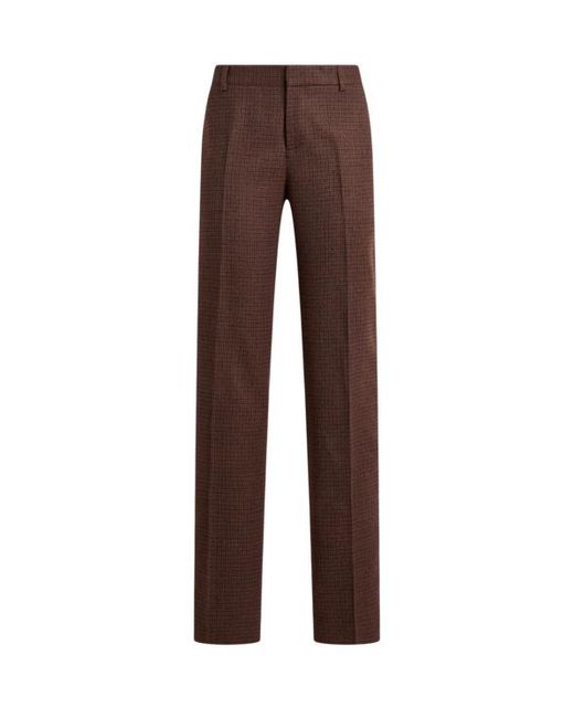 Etro Brown Straight-Leg Wool Trousers With Pheasant Feathers And Micro Houndstooth Motif
