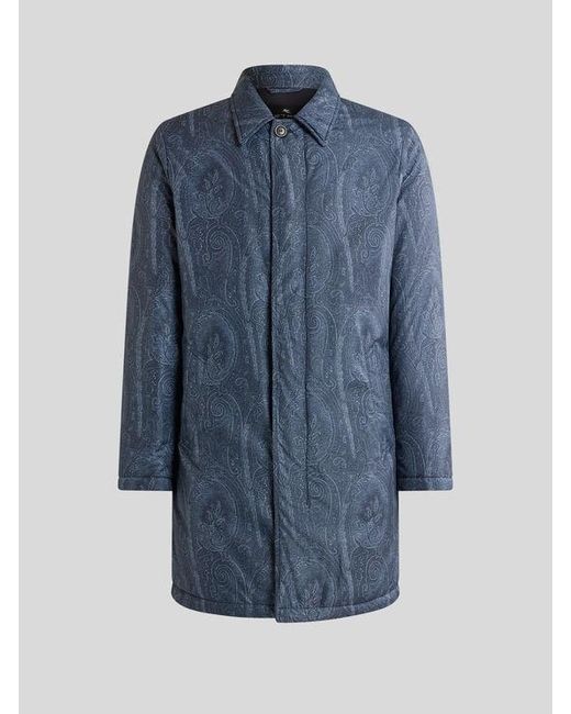 Etro Blue Padded Raincoat With Arnica Motif for men