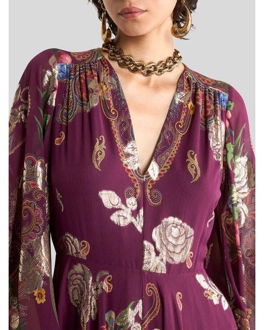 Etro Red Long Silk Dress With Placed Floral Paisley Print