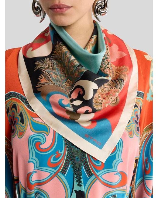 Etro Blue Silk Scarf With Floral Paisley Motif