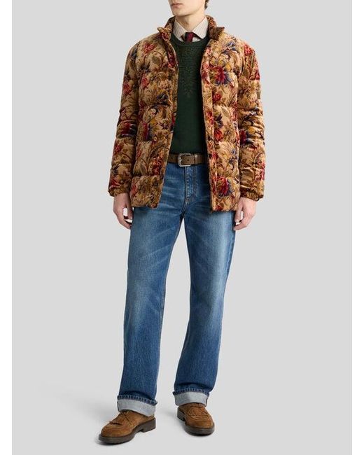 Etro Brown Cotton Velvet Down Jacket With Floral Print for men