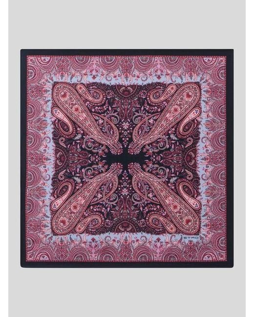 Etro Purple Silk Pocket Square With Macro Paisleys for men