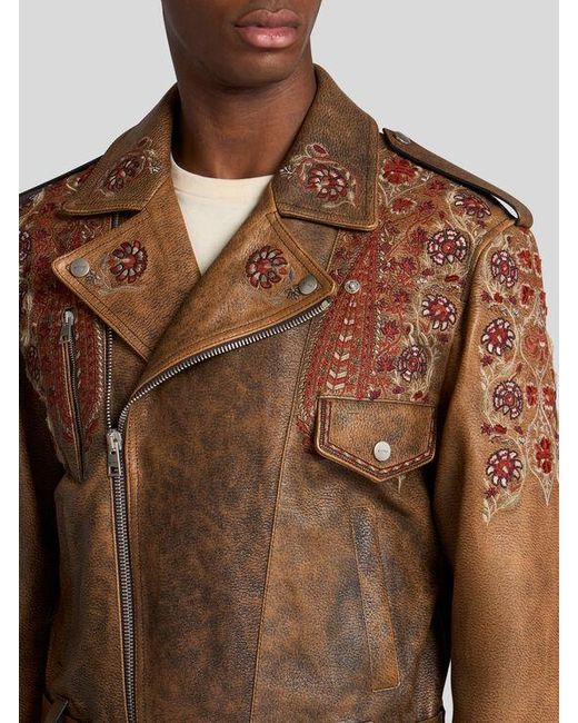 Etro Brown Leather Biker Jacket With Embroidery for men