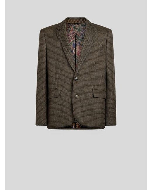Etro Brown Single-Breasted Wool Jacket With Micro Houndstooth Motif for men