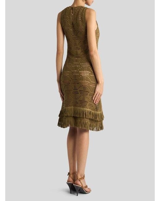 Etro Natural Crochet-Effect Cotton Knee-Length Dress With Fringing
