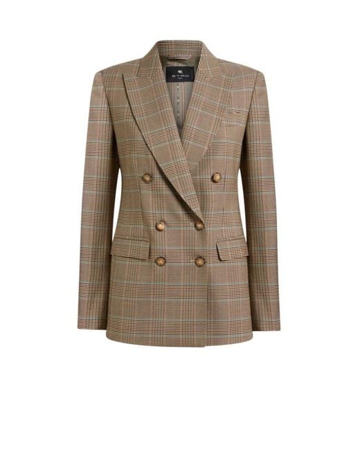 Etro Natural Double-Breasted Stretch Wool Jacket With Prince Of Wales Motif