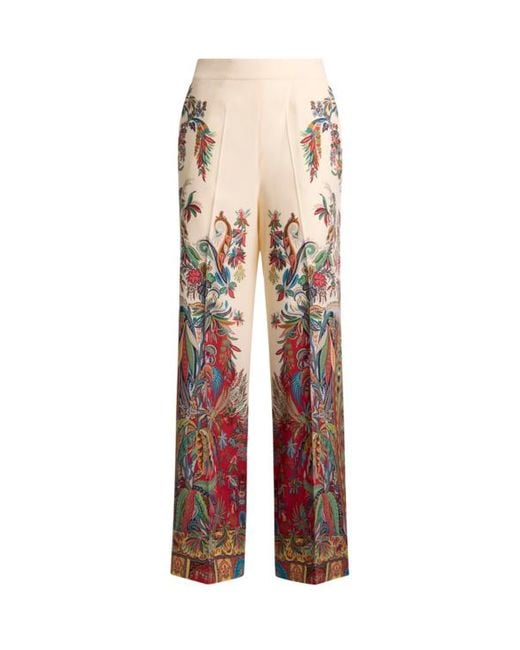 Etro White Silk Trousers With Placed Paisley Foliage Print