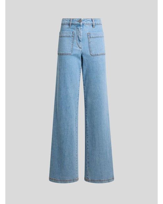 Etro Blue Flared Stretch Cotton Denim Jeans With Embroidered Logo
