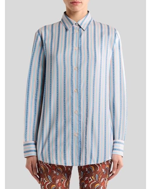Etro Blue Striped Cotton Jacquard Shirt With Fil Coupé Paisley