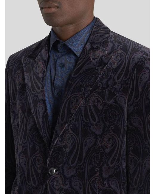 Etro Blue Single-Breasted Cotton Velvet Jacket With Paisley Overprint for men
