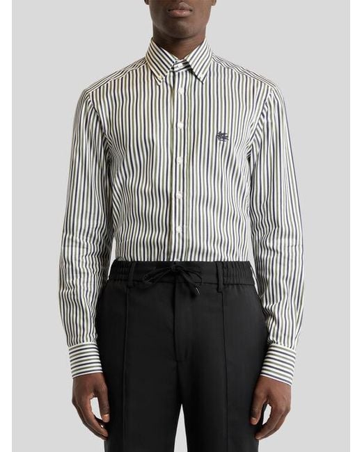 Etro Gray Cotton Shirt With Vertical-Stripe Pattern for men