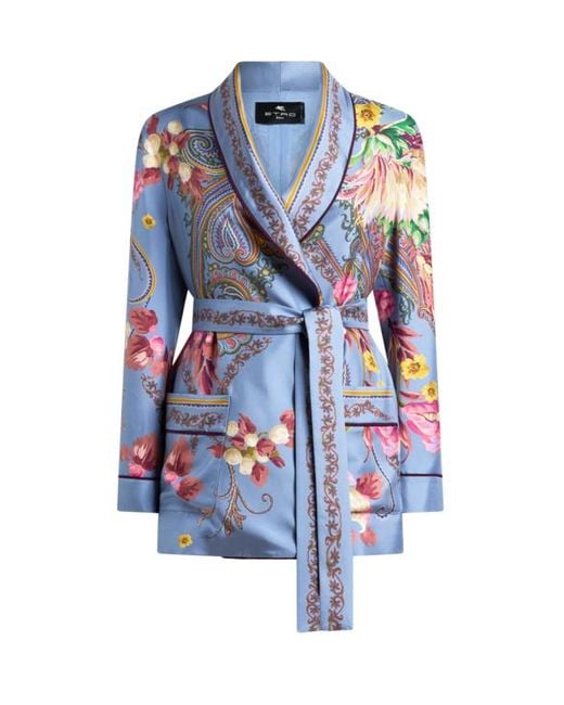 Etro Blue Silk Jacket With Belt And Floral Paisley Motif