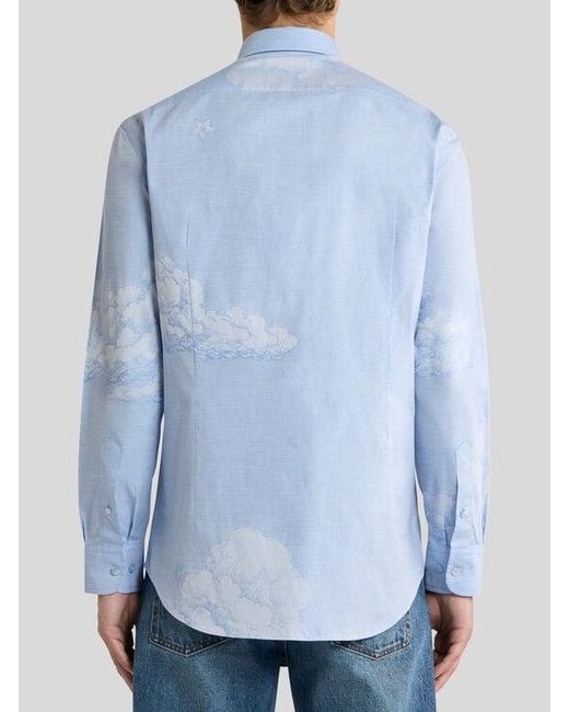 Etro Blue Cotton Shirt With Placed Pegaso Motif for men