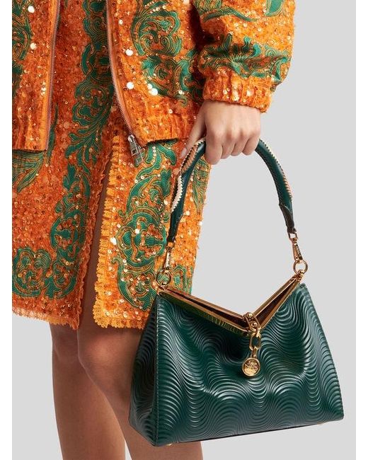 Etro Green Medium Vela Bag With Wavy Motif And Clutch