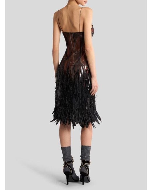 Etro Black Knee-Length Dress With Sequins, Ostrich Feathers And Paisley Motif